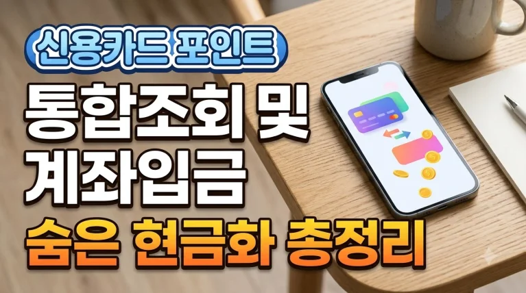 스마트폰 화면에 금융 앱이 켜진 책상 배경과 '신용카드포인트 통합조회 및 계좌입금 숨은 현금화 총정리'