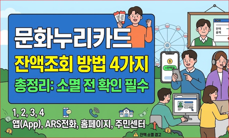 문화누리카드 잔액조회 방법 4가지 총정리 소멸 전 확인 필수 문구와 일러스트가 포함된 2026년 통합문화이용권 사용 가이드
