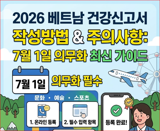 2026 베트남 건강신고서 작성방법 및 주의사항 7월 1일 의무화 최신 가이드 문구가 적힌 해외여행 입국 서류 안내