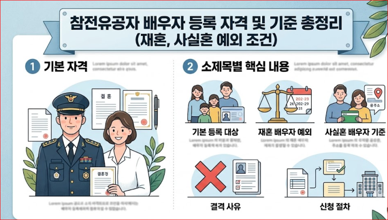 참전유공자 배우자 등록 대상 자격 및 기준 총정리 글의 대표 썸네일 이미지. 유공자와 배우자 일러스트, 재혼 및 사실혼 예외 조건
