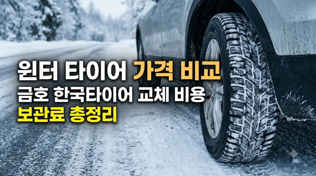 눈 덮인 겨울철 도로에서 눈길을 주행 중인 차량의 윈터타이어(스노우타이어) 근접 모습과 '윈터 타이어 가격 비교, 금호·한국타이어 교체 비용 및 보관료 총정리