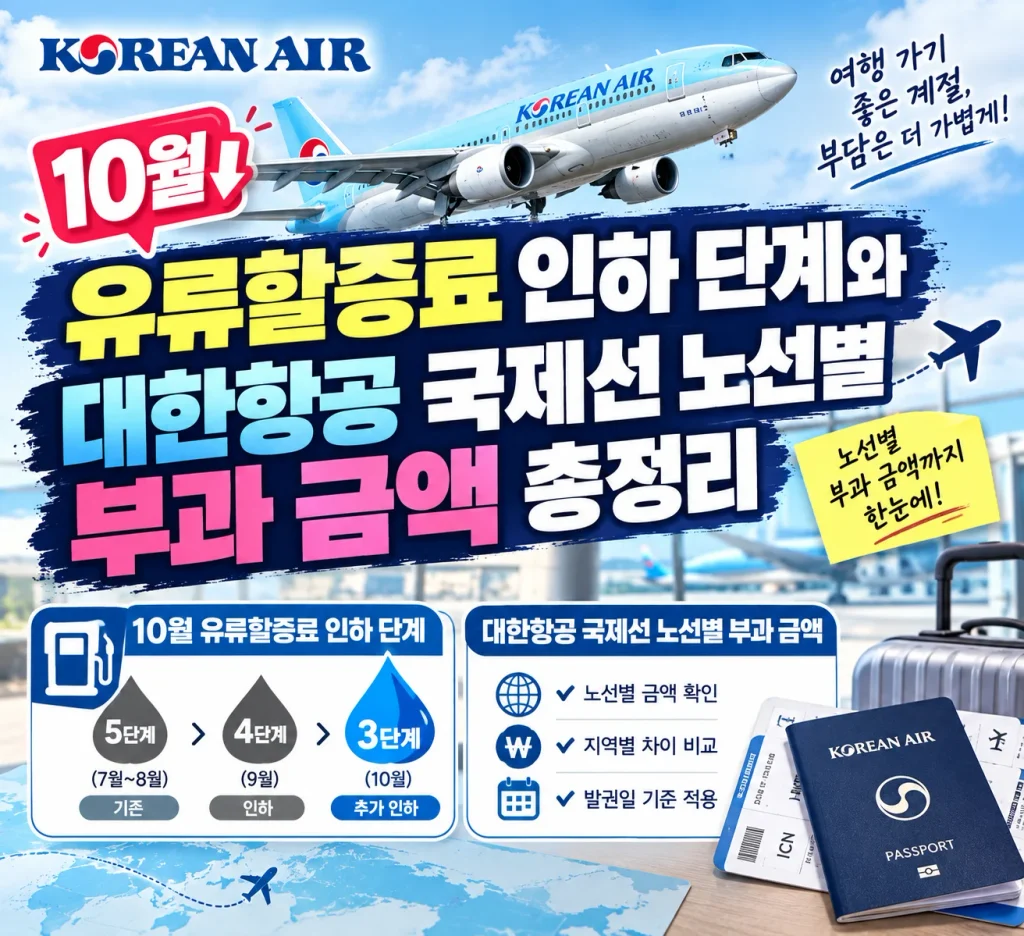 10월 유류할증료 인하 단계 및 대한항공 국제선 부과 금액 총정리